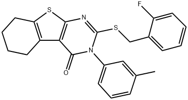 2-[(2-fluorobenzyl)sulfanyl]-3-(3-methylphenyl)-5,6,7,8-tetrahydro[1]benzothieno[2,3-d]pyrimidin-4(3H)-one Struktur