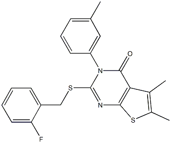 2-[(2-fluorobenzyl)sulfanyl]-5,6-dimethyl-3-(3-methylphenyl)thieno[2,3-d]pyrimidin-4(3H)-one Struktur