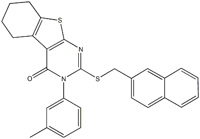 3-(3-methylphenyl)-2-[(2-naphthylmethyl)sulfanyl]-5,6,7,8-tetrahydro[1]benzothieno[2,3-d]pyrimidin-4(3H)-one Struktur