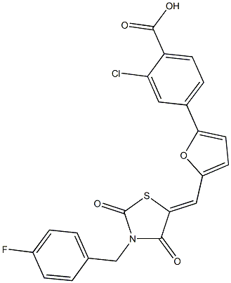 2-chloro-4-(5-{[3-(4-fluorobenzyl)-2,4-dioxo-1,3-thiazolidin-5-ylidene]methyl}-2-furyl)benzoic acid Struktur