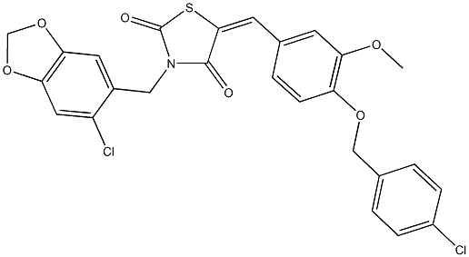 3-[(6-chloro-1,3-benzodioxol-5-yl)methyl]-5-{4-[(4-chlorobenzyl)oxy]-3-methoxybenzylidene}-1,3-thiazolidine-2,4-dione Struktur