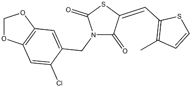 3-[(6-chloro-1,3-benzodioxol-5-yl)methyl]-5-[(3-methyl-2-thienyl)methylene]-1,3-thiazolidine-2,4-dione Struktur