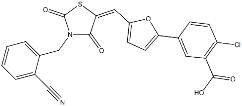 2-chloro-5-(5-{[3-(2-cyanobenzyl)-2,4-dioxo-1,3-thiazolidin-5-ylidene]methyl}-2-furyl)benzoic acid Struktur