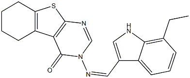 3-{[(7-ethyl-1H-indol-3-yl)methylene]amino}-5,6,7,8-tetrahydro[1]benzothieno[2,3-d]pyrimidin-4(3H)-one Struktur