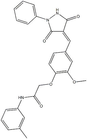 2-{4-[(3,5-dioxo-1-phenyl-4-pyrazolidinylidene)methyl]-2-methoxyphenoxy}-N-(3-methylphenyl)acetamide Struktur