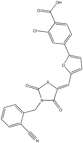 2-chloro-4-(5-{[3-(2-cyanobenzyl)-2,4-dioxo-1,3-thiazolidin-5-ylidene]methyl}-2-furyl)benzoic acid Struktur