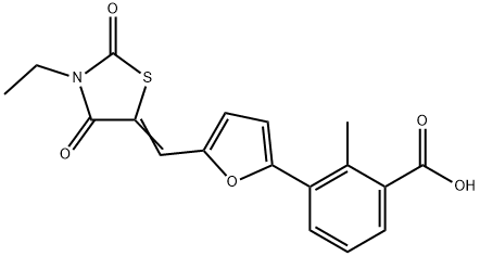 3-{5-[(3-ethyl-2,4-dioxo-1,3-thiazolidin-5-ylidene)methyl]-2-furyl}-2-methylbenzoic acid Struktur