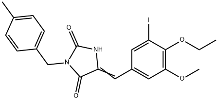 5-(4-ethoxy-3-iodo-5-methoxybenzylidene)-3-(4-methylbenzyl)-2,4-imidazolidinedione Struktur