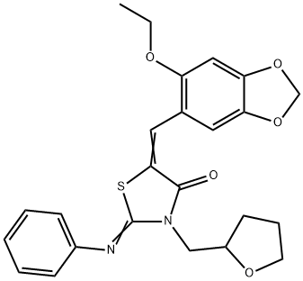 5-[(6-ethoxy-1,3-benzodioxol-5-yl)methylene]-2-(phenylimino)-3-(tetrahydro-2-furanylmethyl)-1,3-thiazolidin-4-one Struktur