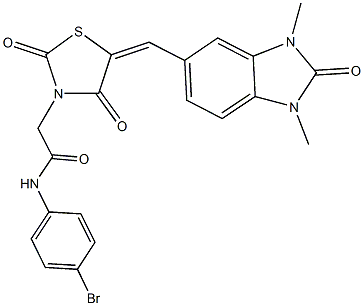 N-(4-bromophenyl)-2-{5-[(1,3-dimethyl-2-oxo-2,3-dihydro-1H-benzimidazol-5-yl)methylene]-2,4-dioxo-1,3-thiazolidin-3-yl}acetamide Struktur