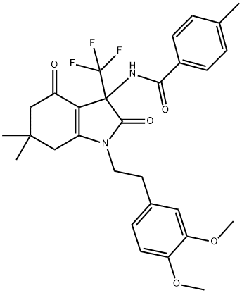 N-[1-[2-(3,4-dimethoxyphenyl)ethyl]-6,6-dimethyl-2,4-dioxo-3-(trifluoromethyl)-2,3,4,5,6,7-hexahydro-1H-indol-3-yl]-4-methylbenzamide Struktur