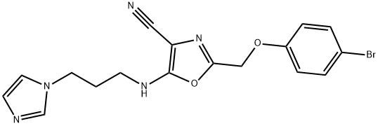 2-[(4-bromophenoxy)methyl]-5-{[3-(1H-imidazol-1-yl)propyl]amino}-1,3-oxazole-4-carbonitrile Struktur