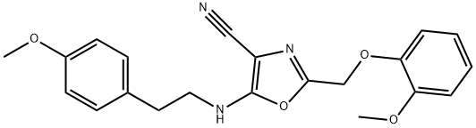 2-[(2-methoxyphenoxy)methyl]-5-{[2-(4-methoxyphenyl)ethyl]amino}-1,3-oxazole-4-carbonitrile Struktur