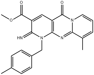 methyl 2-imino-10-methyl-1-(4-methylbenzyl)-5-oxo-1,5-dihydro-2H-dipyrido[1,2-a:2,3-d]pyrimidine-3-carboxylate Struktur