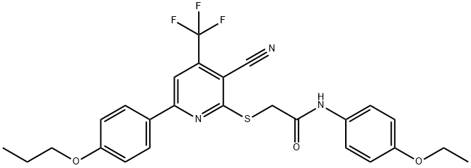 2-{[3-cyano-6-(4-propoxyphenyl)-4-(trifluoromethyl)pyridin-2-yl]sulfanyl}-N-(4-ethoxyphenyl)acetamide Struktur