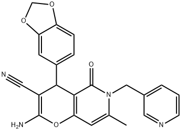 2-amino-4-(1,3-benzodioxol-5-yl)-7-methyl-5-oxo-6-(3-pyridinylmethyl)-5,6-dihydro-4H-pyrano[3,2-c]pyridine-3-carbonitrile Struktur