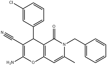 2-amino-6-benzyl-4-(3-chlorophenyl)-7-methyl-5-oxo-5,6-dihydro-4H-pyrano[3,2-c]pyridine-3-carbonitrile Struktur