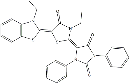 3-ethyl-5-(3-ethyl-1,3-benzothiazol-2(3H)-ylidene)-2-(5-oxo-1,3-diphenyl-2-thioxo-4-imidazolidinylidene)-1,3-thiazolidin-4-one Struktur