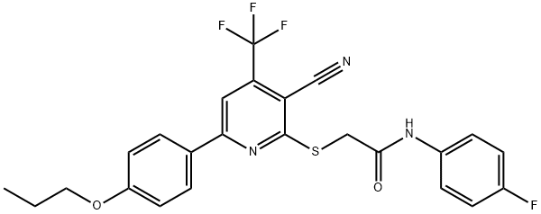 2-{[3-cyano-6-(4-propoxyphenyl)-4-(trifluoromethyl)pyridin-2-yl]sulfanyl}-N-(4-fluorophenyl)acetamide Struktur