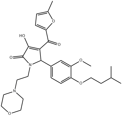 3-hydroxy-5-[4-(isopentyloxy)-3-methoxyphenyl]-4-(5-methyl-2-furoyl)-1-[2-(4-morpholinyl)ethyl]-1,5-dihydro-2H-pyrrol-2-one Struktur