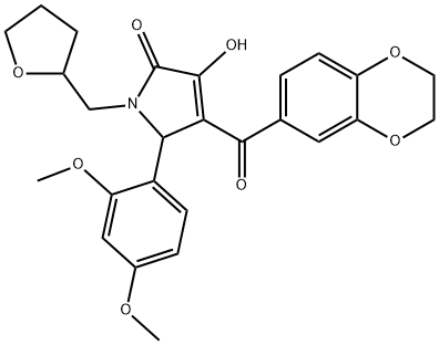 4-(2,3-dihydro-1,4-benzodioxin-6-ylcarbonyl)-5-(2,4-dimethoxyphenyl)-3-hydroxy-1-(tetrahydro-2-furanylmethyl)-1,5-dihydro-2H-pyrrol-2-one Struktur