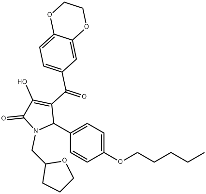 4-(2,3-dihydro-1,4-benzodioxin-6-ylcarbonyl)-3-hydroxy-5-[4-(pentyloxy)phenyl]-1-(tetrahydro-2-furanylmethyl)-1,5-dihydro-2H-pyrrol-2-one Struktur