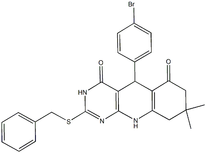 2-(benzylsulfanyl)-5-(4-bromophenyl)-8,8-dimethyl-5,8,9,10-tetrahydropyrimido[4,5-b]quinoline-4,6(3H,7H)-dione Struktur