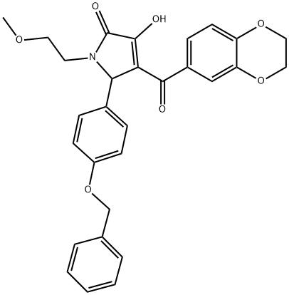 5-[4-(benzyloxy)phenyl]-4-(2,3-dihydro-1,4-benzodioxin-6-ylcarbonyl)-3-hydroxy-1-(2-methoxyethyl)-1,5-dihydro-2H-pyrrol-2-one Struktur