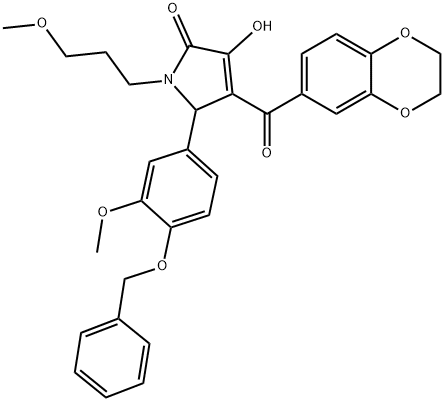 5-[4-(benzyloxy)-3-methoxyphenyl]-4-(2,3-dihydro-1,4-benzodioxin-6-ylcarbonyl)-3-hydroxy-1-(3-methoxypropyl)-1,5-dihydro-2H-pyrrol-2-one Struktur