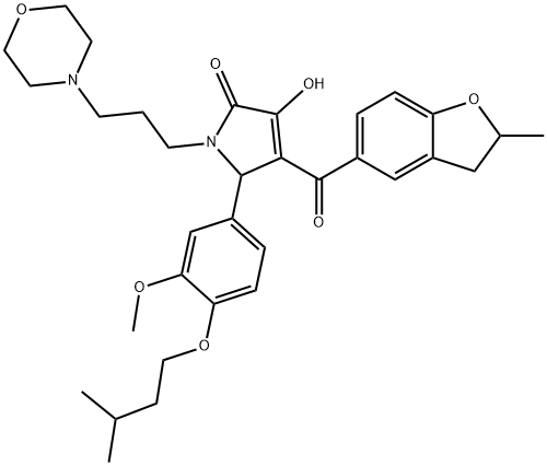 3-hydroxy-5-[4-(isopentyloxy)-3-methoxyphenyl]-4-[(2-methyl-2,3-dihydro-1-benzofuran-5-yl)carbonyl]-1-[3-(4-morpholinyl)propyl]-1,5-dihydro-2H-pyrrol-2-one Struktur