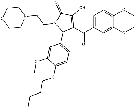 5-(4-butoxy-3-methoxyphenyl)-4-(2,3-dihydro-1,4-benzodioxin-6-ylcarbonyl)-3-hydroxy-1-[2-(4-morpholinyl)ethyl]-1,5-dihydro-2H-pyrrol-2-one Struktur