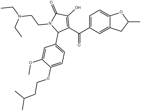 1-[2-(diethylamino)ethyl]-3-hydroxy-5-[4-(isopentyloxy)-3-methoxyphenyl]-4-[(2-methyl-2,3-dihydro-1-benzofuran-5-yl)carbonyl]-1,5-dihydro-2H-pyrrol-2-one Struktur