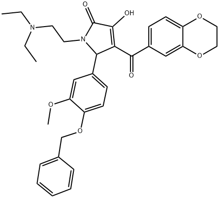 5-[4-(benzyloxy)-3-methoxyphenyl]-1-[2-(diethylamino)ethyl]-4-(2,3-dihydro-1,4-benzodioxin-6-ylcarbonyl)-3-hydroxy-1,5-dihydro-2H-pyrrol-2-one Struktur