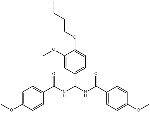 N-{(4-butoxy-3-methoxyphenyl)[(4-methoxybenzoyl)amino]methyl}-4-methoxybenzamide Struktur