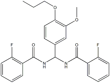 2-fluoro-N-[[(2-fluorobenzoyl)amino](3-methoxy-4-propoxyphenyl)methyl]benzamide Struktur