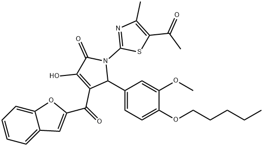 1-(5-acetyl-4-methyl-1,3-thiazol-2-yl)-4-(1-benzofuran-2-ylcarbonyl)-3-hydroxy-5-[3-methoxy-4-(pentyloxy)phenyl]-1,5-dihydro-2H-pyrrol-2-one Struktur