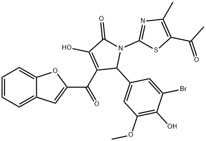 1-(5-acetyl-4-methyl-1,3-thiazol-2-yl)-4-(1-benzofuran-2-ylcarbonyl)-5-(3-bromo-4-hydroxy-5-methoxyphenyl)-3-hydroxy-1,5-dihydro-2H-pyrrol-2-one Struktur