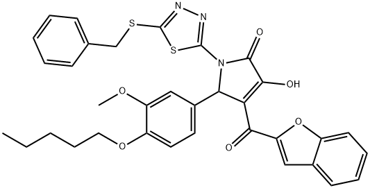 4-(1-benzofuran-2-ylcarbonyl)-1-[5-(benzylsulfanyl)-1,3,4-thiadiazol-2-yl]-3-hydroxy-5-[3-methoxy-4-(pentyloxy)phenyl]-1,5-dihydro-2H-pyrrol-2-one Struktur