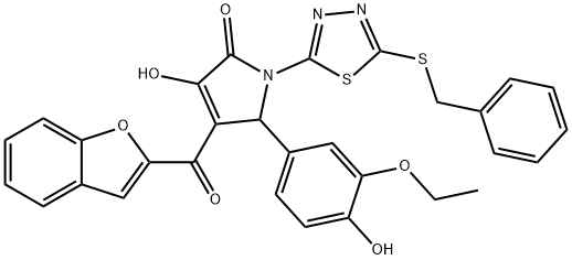 4-(1-benzofuran-2-ylcarbonyl)-1-[5-(benzylsulfanyl)-1,3,4-thiadiazol-2-yl]-5-(3-ethoxy-4-hydroxyphenyl)-3-hydroxy-1,5-dihydro-2H-pyrrol-2-one Struktur