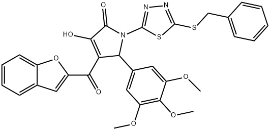 4-(1-benzofuran-2-ylcarbonyl)-1-[5-(benzylsulfanyl)-1,3,4-thiadiazol-2-yl]-3-hydroxy-5-(3,4,5-trimethoxyphenyl)-1,5-dihydro-2H-pyrrol-2-one Struktur