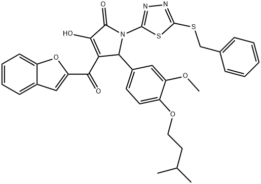 4-(1-benzofuran-2-ylcarbonyl)-1-[5-(benzylsulfanyl)-1,3,4-thiadiazol-2-yl]-3-hydroxy-5-[4-(isopentyloxy)-3-methoxyphenyl]-1,5-dihydro-2H-pyrrol-2-one Struktur