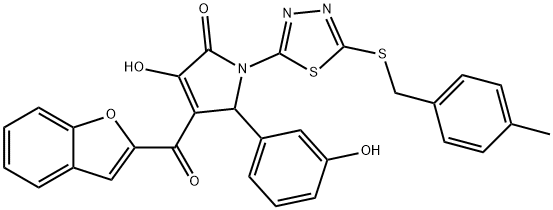 4-(1-benzofuran-2-ylcarbonyl)-3-hydroxy-5-(3-hydroxyphenyl)-1-{5-[(4-methylbenzyl)sulfanyl]-1,3,4-thiadiazol-2-yl}-1,5-dihydro-2H-pyrrol-2-one Struktur