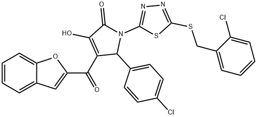 4-(1-benzofuran-2-ylcarbonyl)-1-{5-[(2-chlorobenzyl)sulfanyl]-1,3,4-thiadiazol-2-yl}-5-(4-chlorophenyl)-3-hydroxy-1,5-dihydro-2H-pyrrol-2-one Struktur