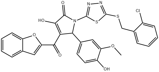 4-(1-benzofuran-2-ylcarbonyl)-1-{5-[(2-chlorobenzyl)sulfanyl]-1,3,4-thiadiazol-2-yl}-3-hydroxy-5-(4-hydroxy-3-methoxyphenyl)-1,5-dihydro-2H-pyrrol-2-one Struktur