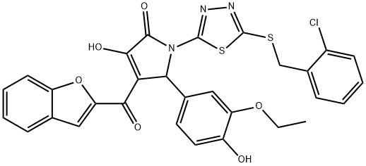 4-(1-benzofuran-2-ylcarbonyl)-1-{5-[(2-chlorobenzyl)sulfanyl]-1,3,4-thiadiazol-2-yl}-5-(3-ethoxy-4-hydroxyphenyl)-3-hydroxy-1,5-dihydro-2H-pyrrol-2-one Struktur