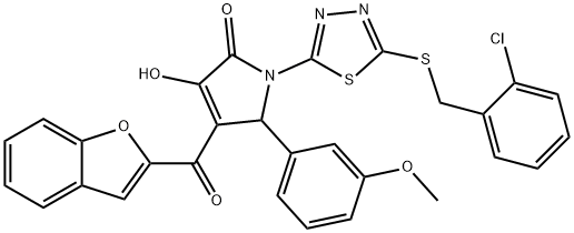 4-(1-benzofuran-2-ylcarbonyl)-1-{5-[(2-chlorobenzyl)sulfanyl]-1,3,4-thiadiazol-2-yl}-3-hydroxy-5-(3-methoxyphenyl)-1,5-dihydro-2H-pyrrol-2-one Struktur