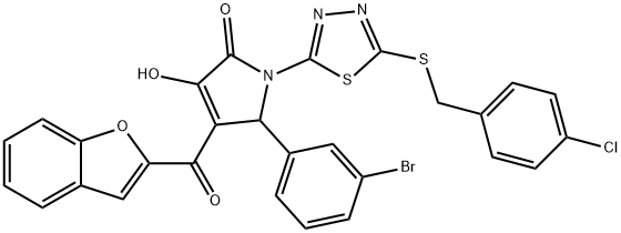 4-(1-benzofuran-2-ylcarbonyl)-5-(3-bromophenyl)-1-{5-[(4-chlorobenzyl)sulfanyl]-1,3,4-thiadiazol-2-yl}-3-hydroxy-1,5-dihydro-2H-pyrrol-2-one Struktur