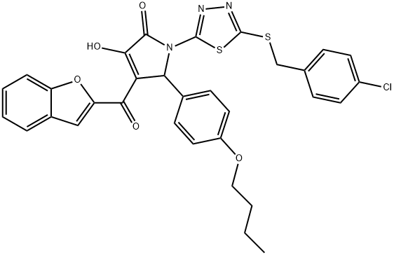 4-(1-benzofuran-2-ylcarbonyl)-5-(4-butoxyphenyl)-1-{5-[(4-chlorobenzyl)sulfanyl]-1,3,4-thiadiazol-2-yl}-3-hydroxy-1,5-dihydro-2H-pyrrol-2-one Struktur