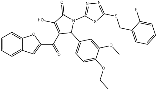 4-(1-benzofuran-2-ylcarbonyl)-5-(4-ethoxy-3-methoxyphenyl)-1-{5-[(2-fluorobenzyl)sulfanyl]-1,3,4-thiadiazol-2-yl}-3-hydroxy-1,5-dihydro-2H-pyrrol-2-one Struktur