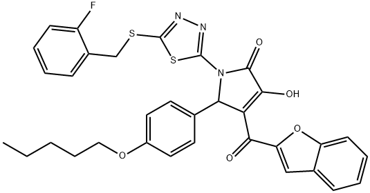 4-(1-benzofuran-2-ylcarbonyl)-1-{5-[(2-fluorobenzyl)sulfanyl]-1,3,4-thiadiazol-2-yl}-3-hydroxy-5-[4-(pentyloxy)phenyl]-1,5-dihydro-2H-pyrrol-2-one Struktur